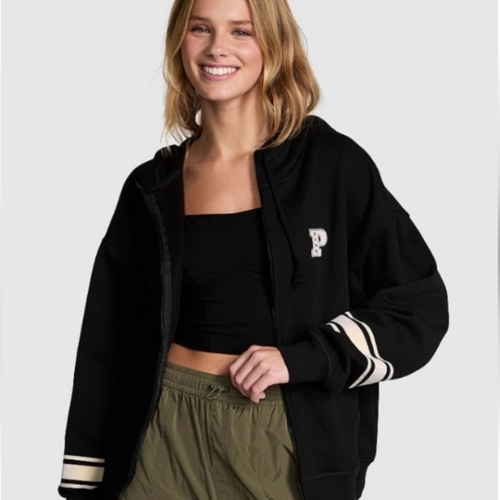 Victoria Secret Black Hoodie with Striped Sleeves